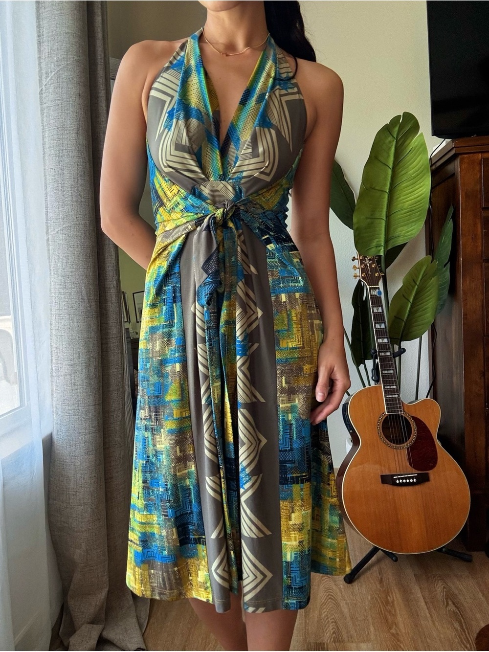 BCBGMaxAzria Multicolor Backless Halter Dress in Blue, Green, Yellow, Gray - Picture 1 of 4